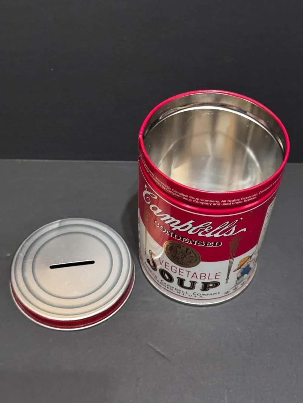 Campbell's Vegetable Soup Tin Canister Bank ft. Campbells Kids Vintage ca. 1997